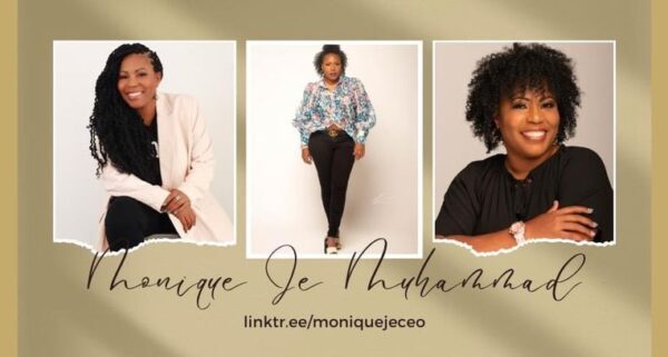 Branded banner with three portraits of a smiling woman in different outfits on a beige background, torn-paper frames, and a cursive signature-style name with the link linktr.ee/moniquejejeeo.