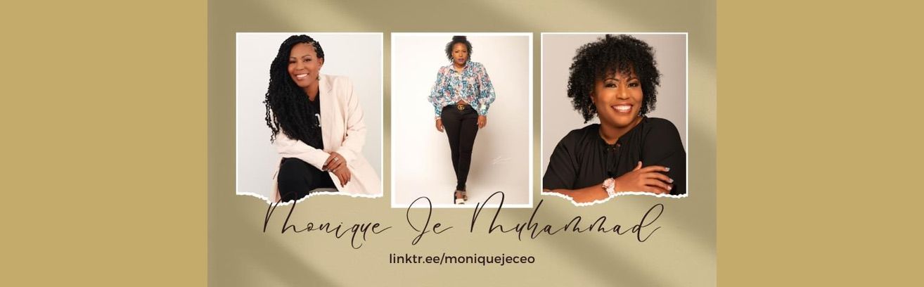 Branded banner with three portrait photos of a woman on a beige background and a handwritten name, plus a link below.